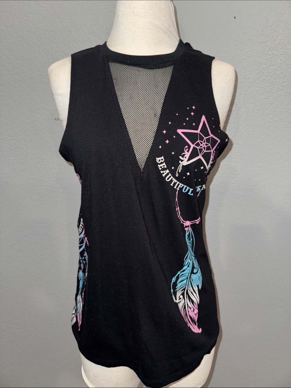 Beautiful disaster Black Mesh V‑Neck Dreamcatcher Graphic Tank Top